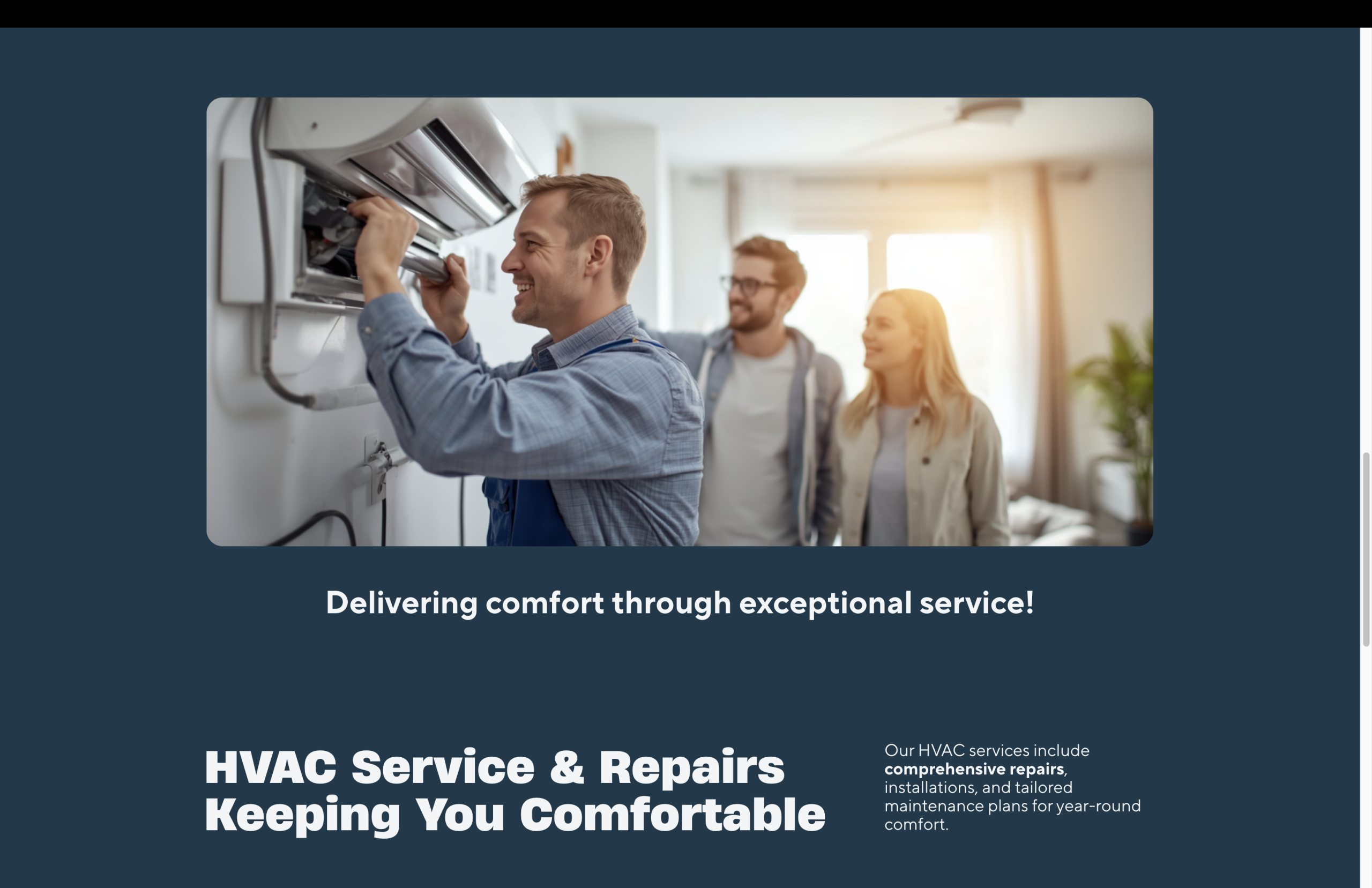 HVAC Kings landing page hero — Comfort Solutions tagline, HVAC Kings Service & Repairs headline, and Get Started button